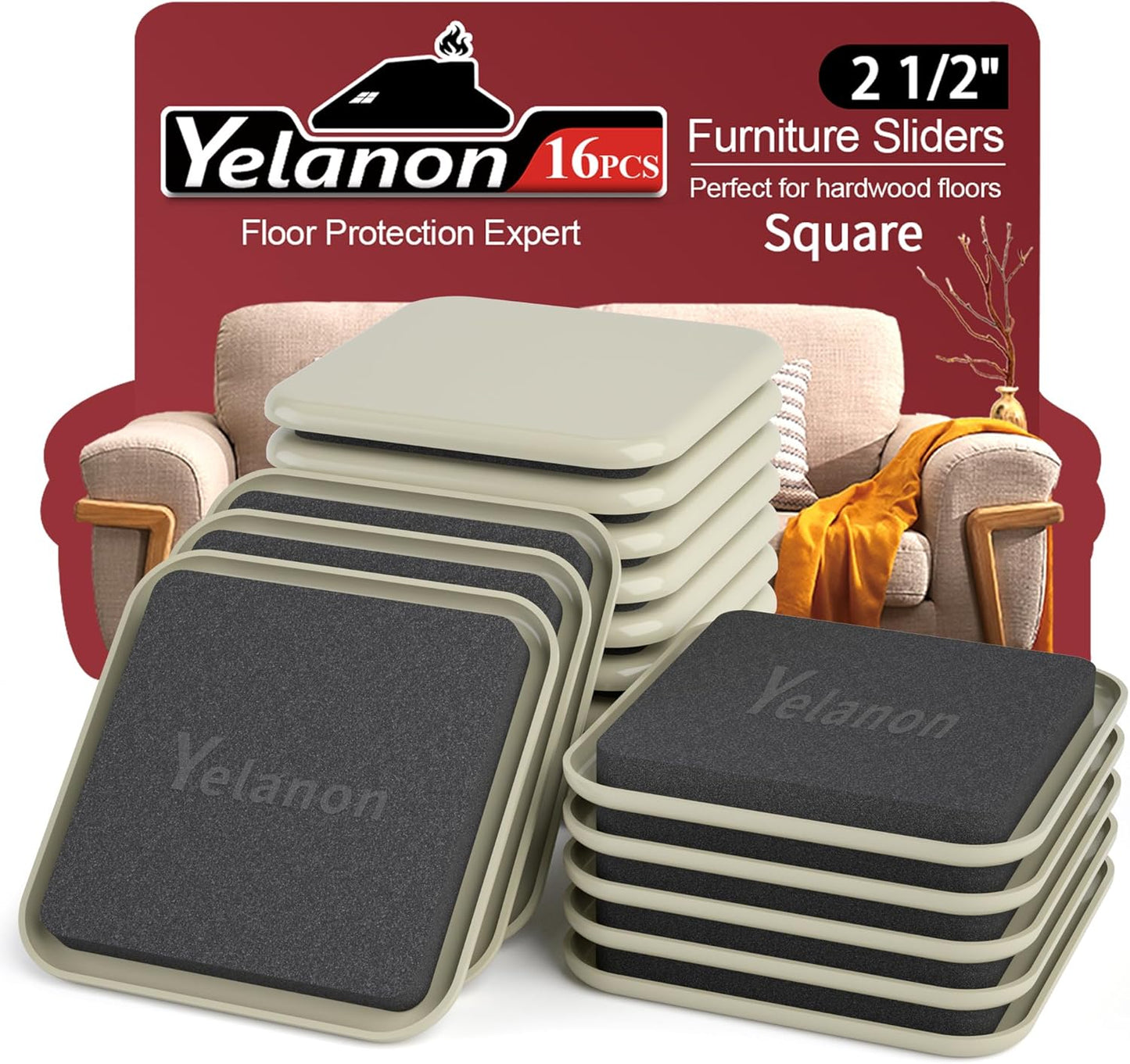 Yelanon Square Furniture Sliders – 16 PCS 2.5" Floor Protectors for Furniture – Strong Furniture Movers Sliders – Protects Floors from Scratches