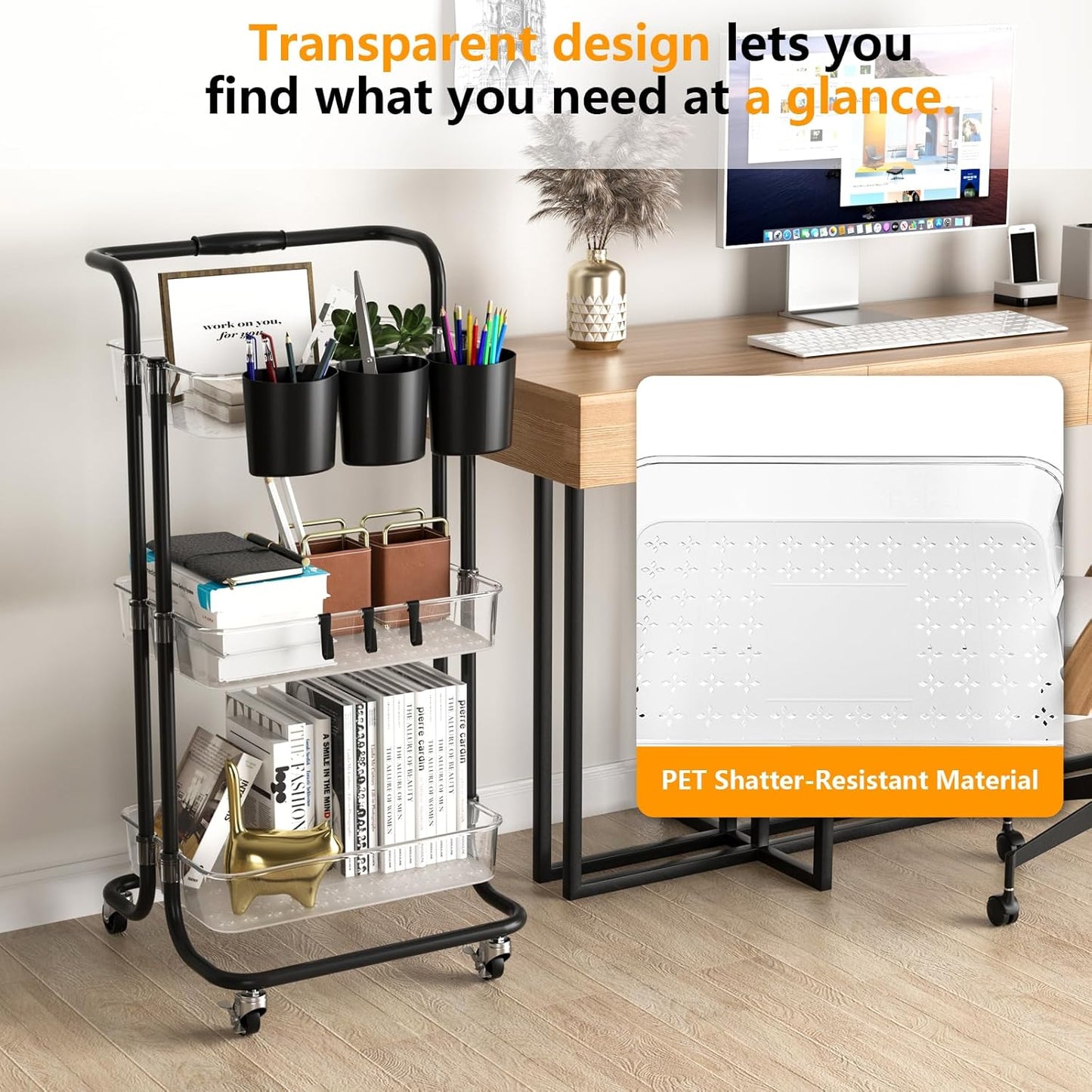 3 Tier Rolling Cart with Metal Handle, Hanging Cups, Hooks, Plastic Storage Baskets & Wheels Lockable, Utility Craft Cart for Bathroom Classroom Office Kitchen Pantry Organizers and Storage, Clear