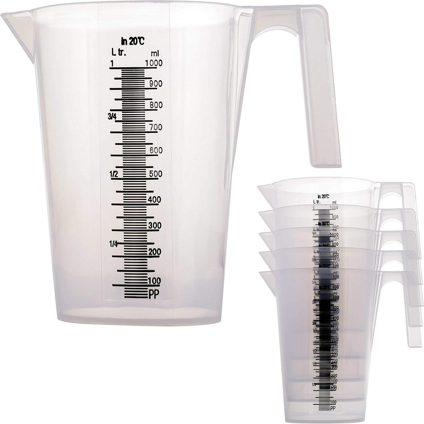 TCP Global 1 Liter (1000ml) Plastic Graduated Measuring and Mixing Pitcher (Pack of 6) - Holds Over 1 Quart (32oz) - Pouring Cups, Measure & Mix Paint, Resin, Epoxy, Kitchen Cooking Baking Ingredients