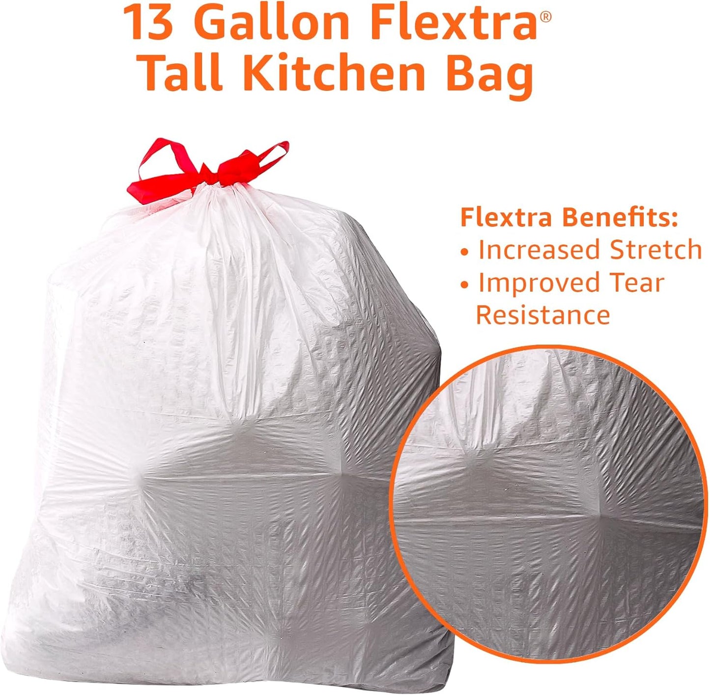 Amazon Basics 13 Gallon Flextra Strength Tall Kitchen Drawstring Trash Bags, Tear Resistant, 10% Post Consumer Recycled, 90 Count