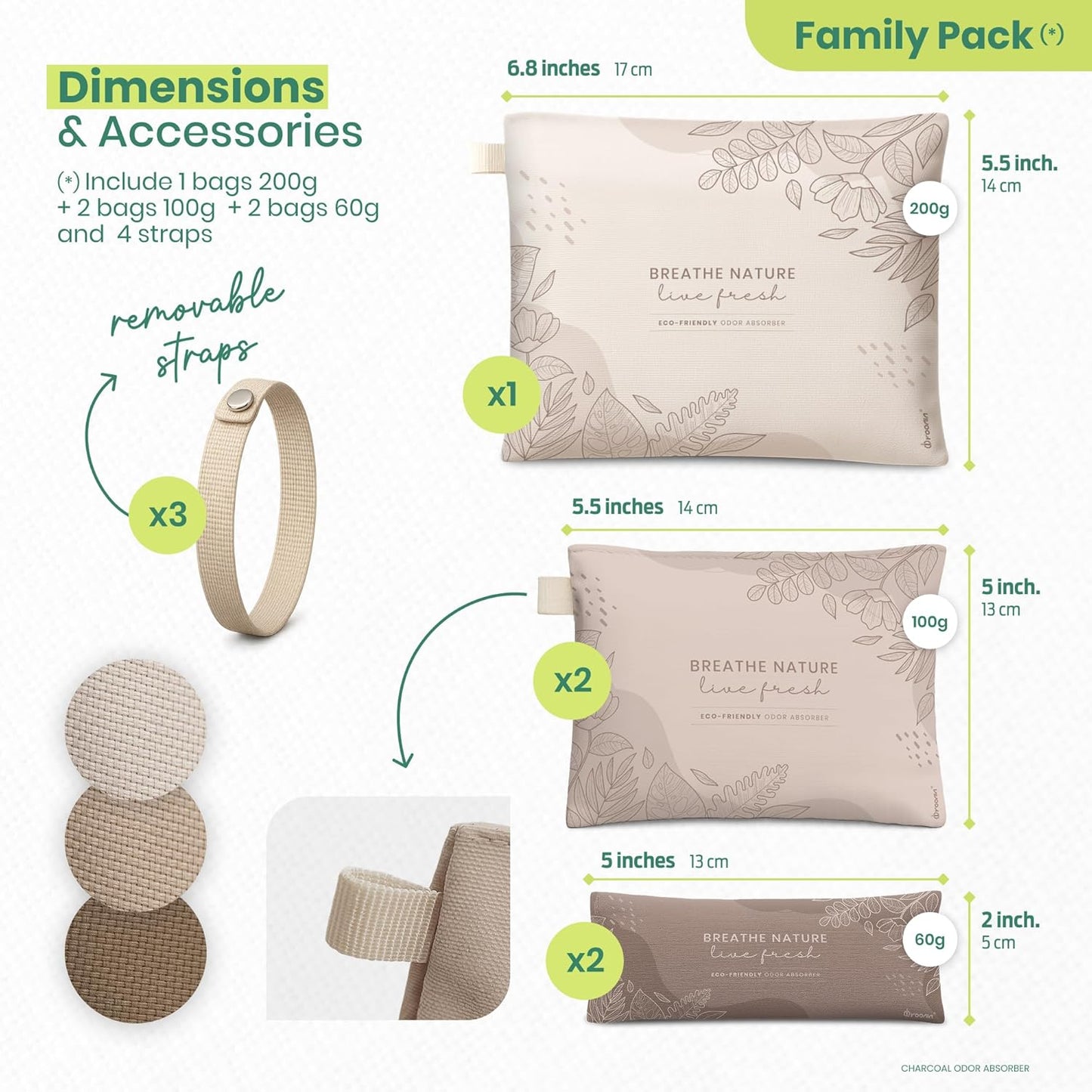 Roonin Activated Charcoal Odor Absorber - Bamboo Charcoal Air Purifying Bag - Activated Charcoal Bags Odor Absorber Packets - Home Deodorizer Odor Eliminator (5-pack)