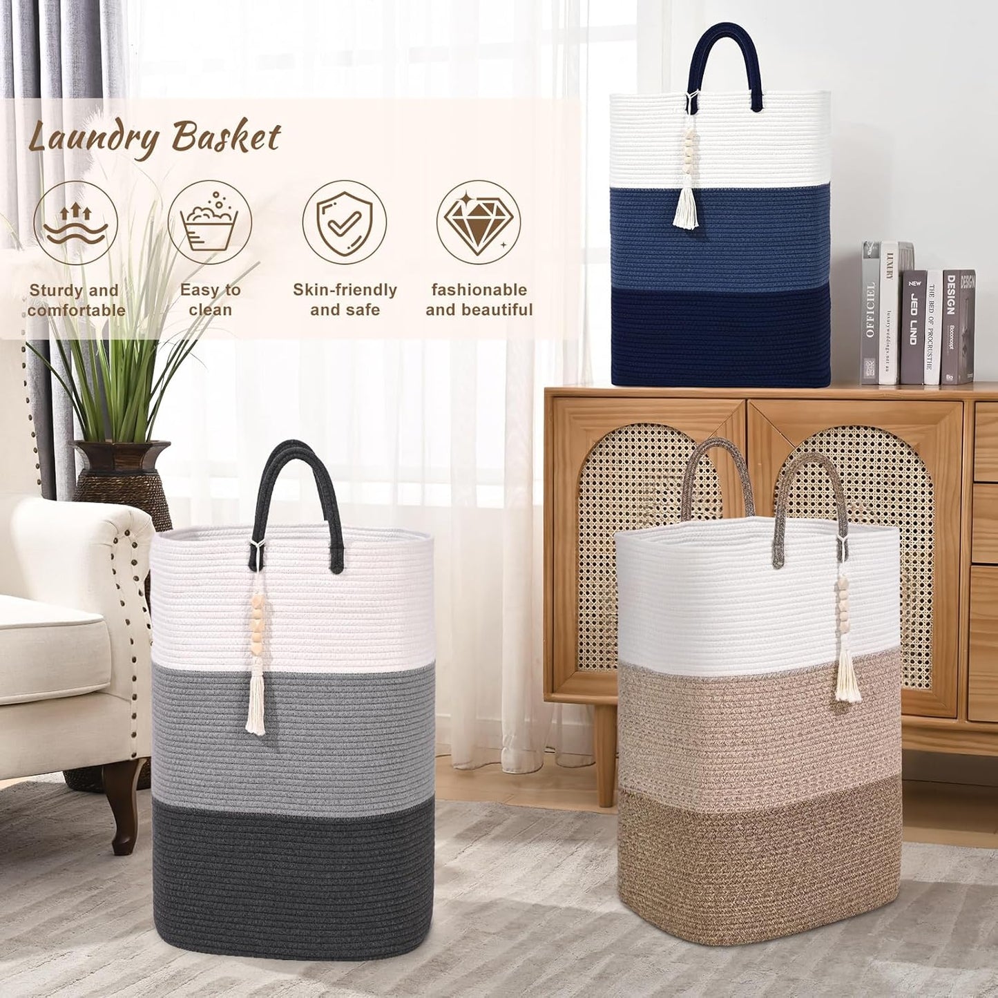 Woven Laundry Basket for Clothes,100 L Large Rectangle Laundry Hampers with Beads Tassel, Nursery Storage Basket for Toys, Tall Dirty Clothes Hamper for Bedroom Aesthetic, Laundry Room Organization