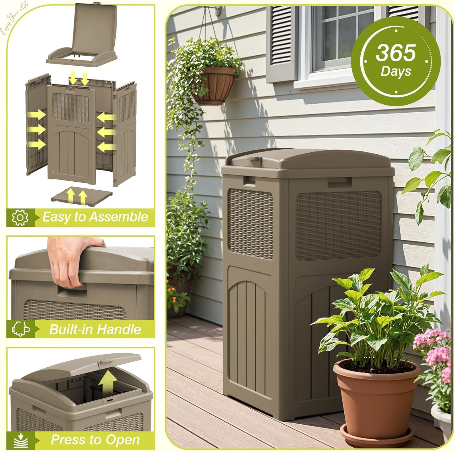 Greesum 33 Gallon Resin Outdoor Trash Can with Lid, Waterproof Resin Garbage Bin for Hideaway, Patio, Deck, Light Brown
