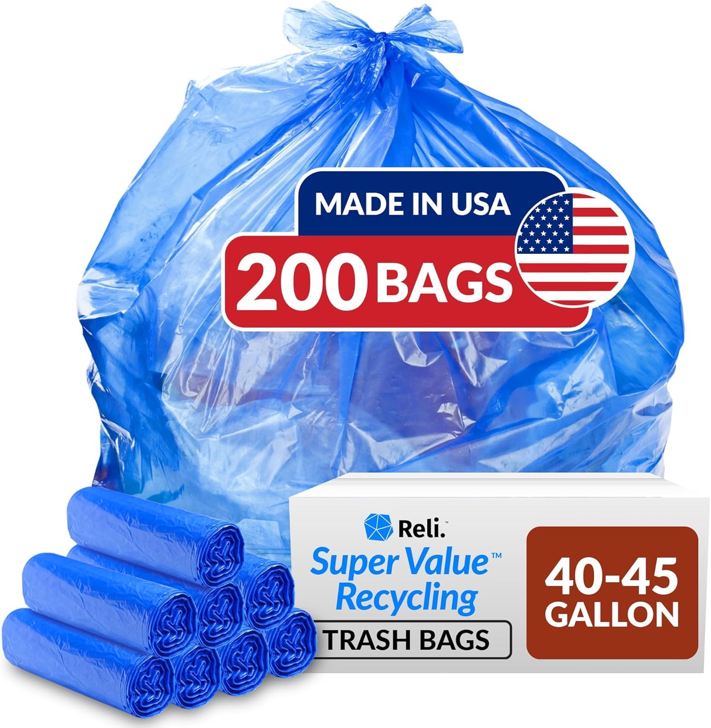 Reli. SuperValue 40-45 Gallon Recycling Bags | 200 Count | Blue Trash Bags | Made in the USA
