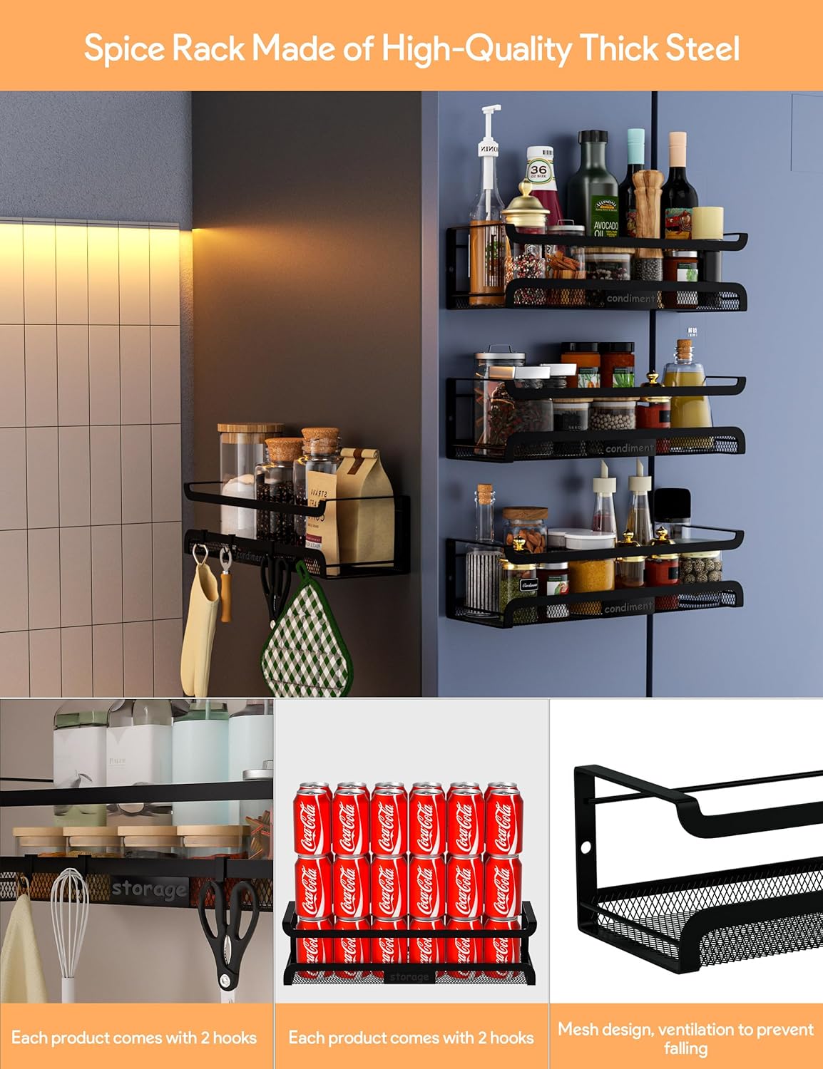 Spice Rack Wall Mount with Hooks - Spice Racks Organizer for Cabinet Storage, Wall Mounted Hanging Shelf Seasoning Organizer, for Kitchen, Pantry Door, Bathroom (Black, 1 Pack)