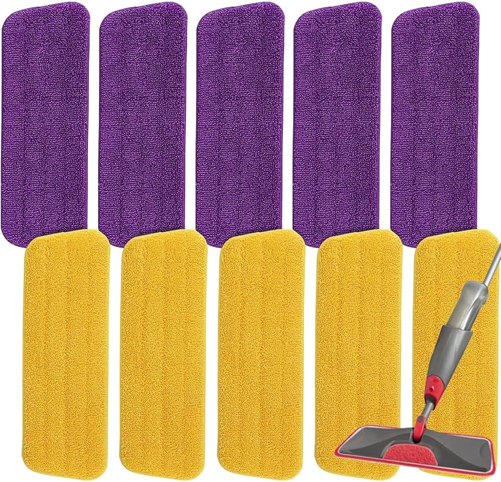 16.5 inch Microfiber Mop Pads for Rubbermaid Reveal Spray Mop and Any 16.5" Flat Mop - 10 Pack 13''-15'' Spray Mop Pad Reusable Washable Replacement Refills - Purple & Yellow