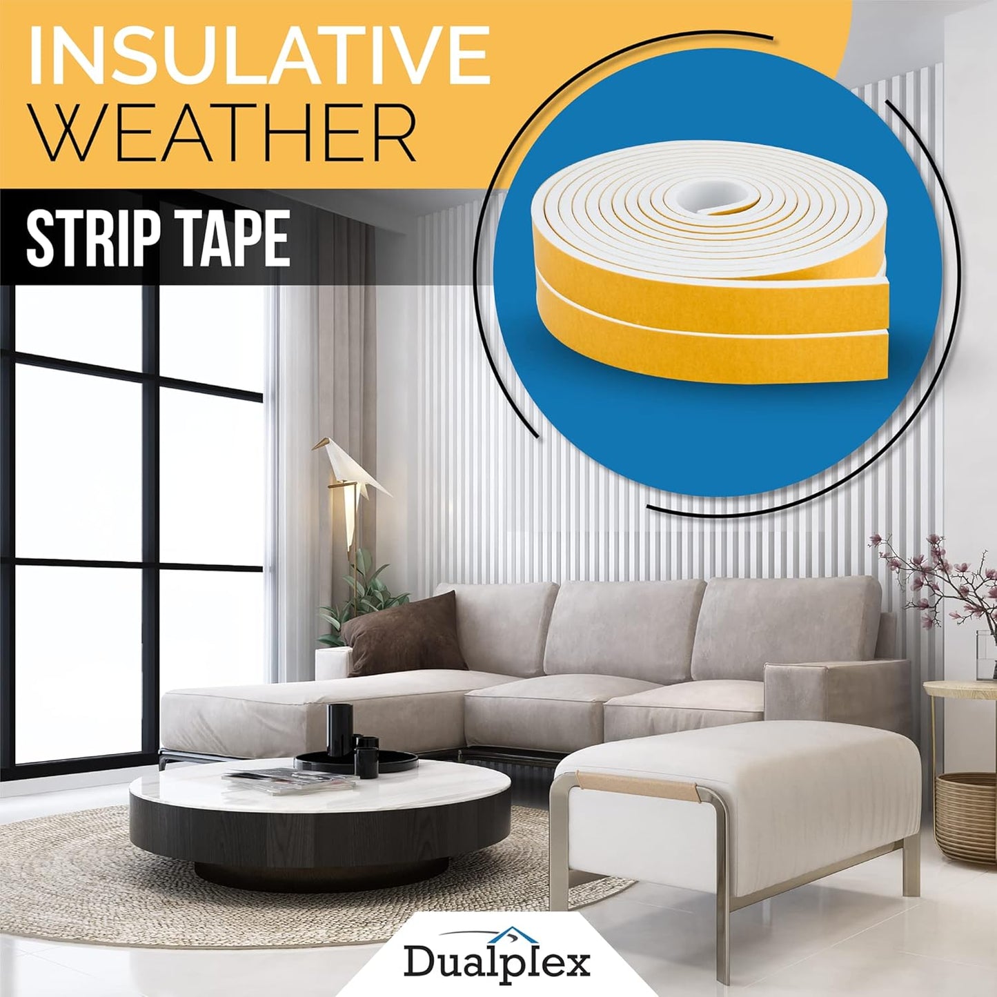 High Density Foam Weather Stripping Door Seal Strip Insulation Tape Roll for Insulating Door Frame, Window, Air Conditioner | Self Adhesive Sealing Weatherstrip (White, 1 in x 1/4 in x 30 Ft)