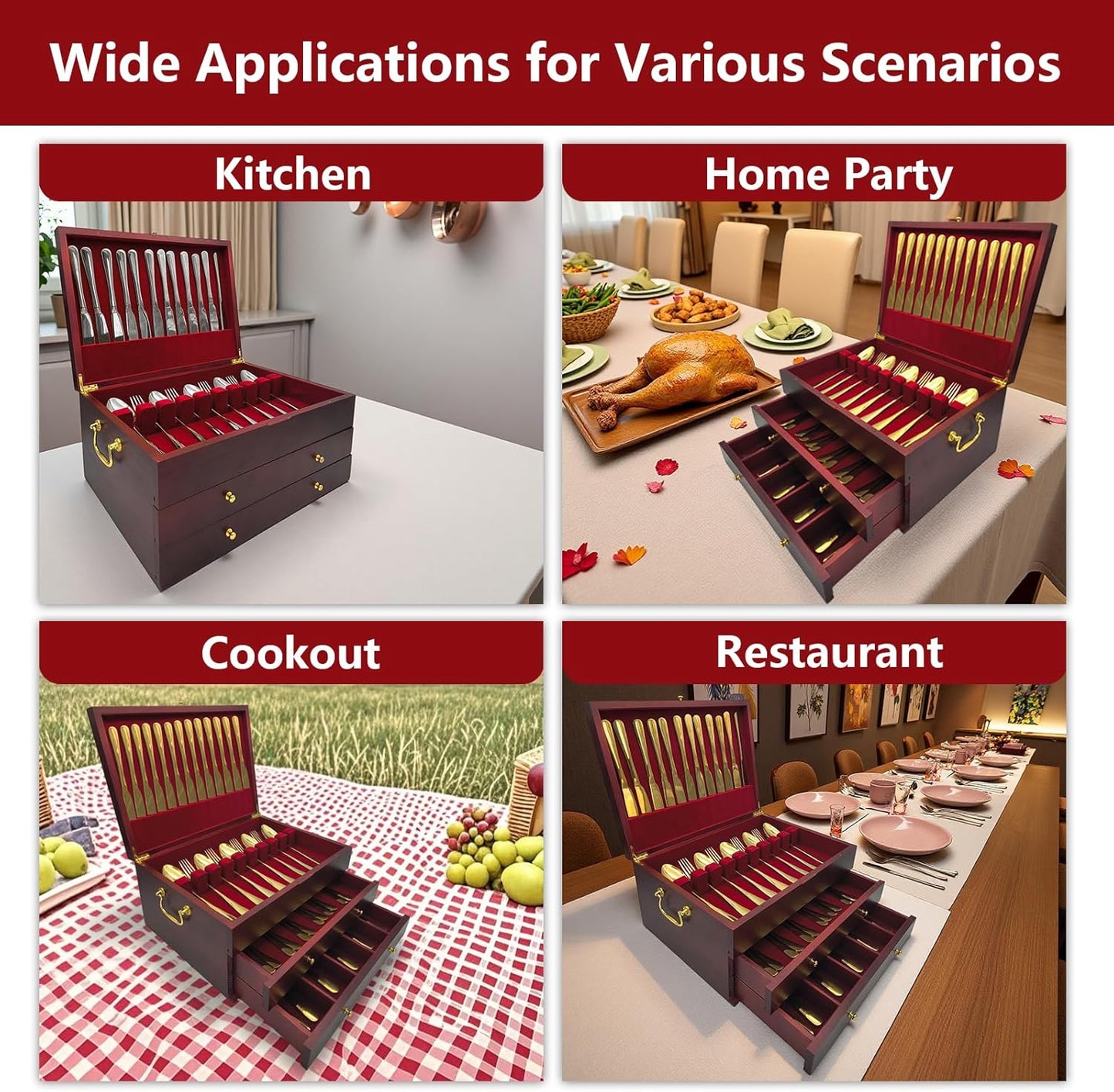 Silverware Storage Box, Kitchen Drawer Organizer, Drawer-containing flap-type storage box, Wood Chest, with Tarnish Proof Felt Lined, Storage Silver Chest for Kitchen (3 layer)