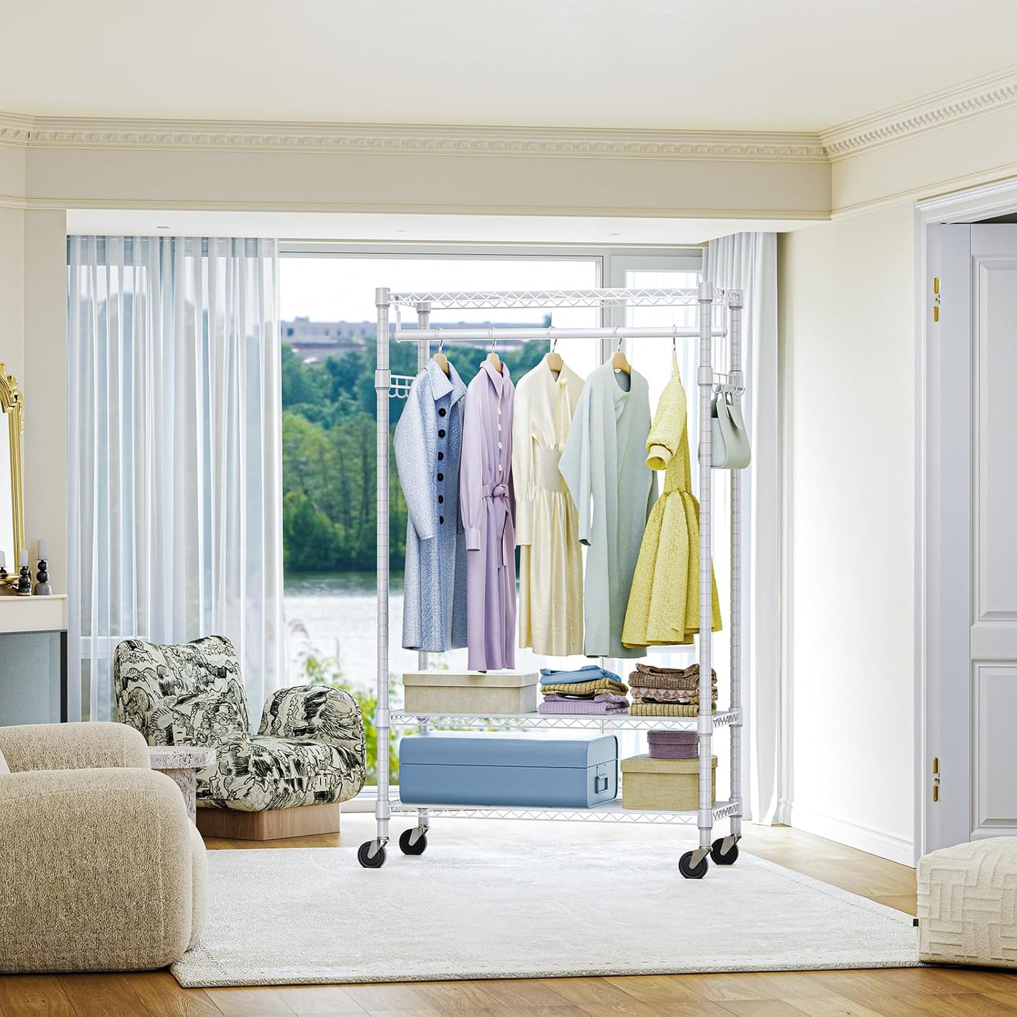 IZEUK Heavy Duty Rolling Garment Rack with 3 Adjustable Wire Shelves, Hanging Rod & Side Hooks - Mobile Clothes Rack with Wheels, 29.5" W x 15.7" D x 75" H, White