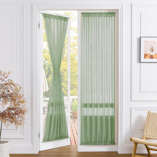 Tollpiz Sheer Door Curtains Closet Linen Textured Curtains Sheer Doorway Light Filtering Voile Rod French Door Pocket Curtain Patio Door, 25 x 72 inches Long, Sage Green, Set of 1 Panel