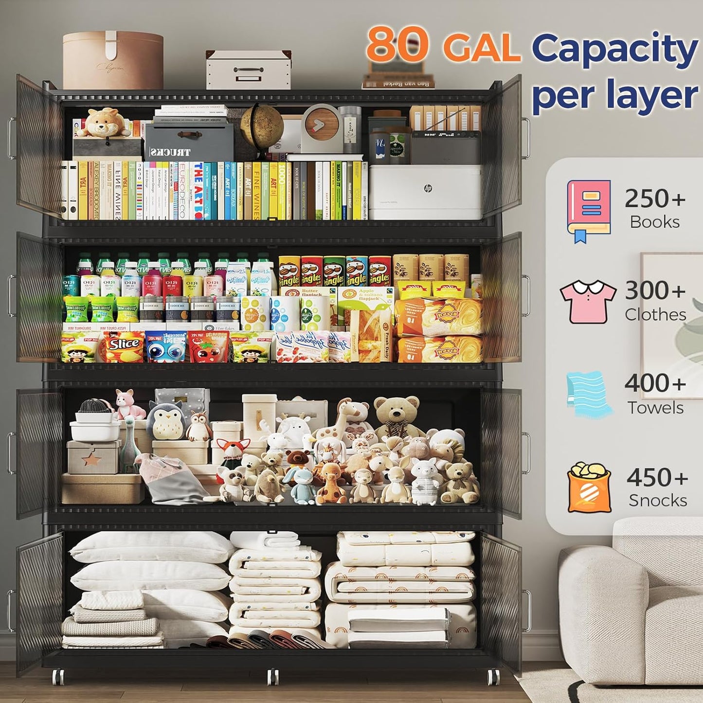 240GAL Extra Large Storage Bins with Lid, 960QT Collapsible Organizer with Wheels, Stackable Closet Cabinet with Doors, Folding Storage Containers for Home, Office, Dorm, 3Pack Black