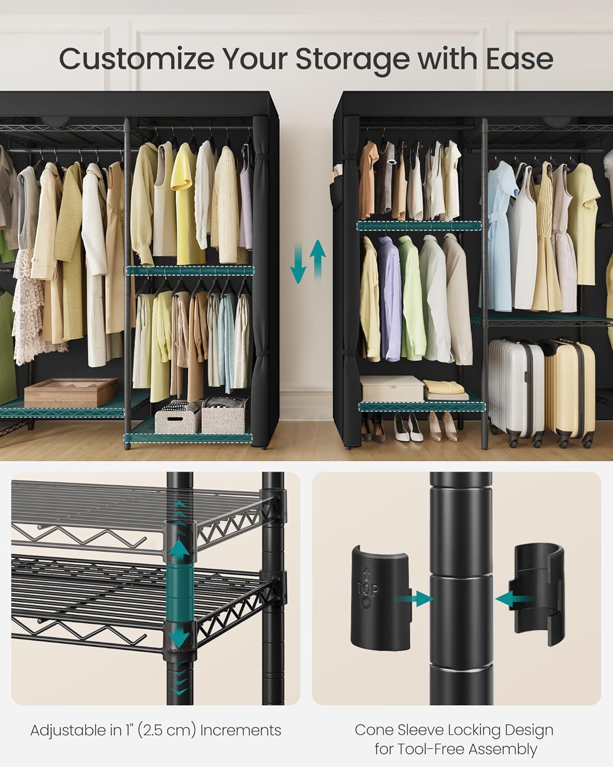 SONGMICS Heavy-Duty Clothes Rack, Garment Rack, Portable Closet, 68.7-Inch Wide Clothing Rack with Adjustable Mesh Shelves and Hanging Rails, Ink Black ULGR435B01