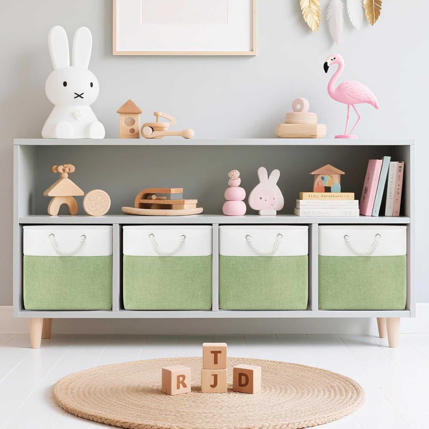 13x13 Inch Cube Storage Bins with Reinforced Bottom Cardboard, 6 Pack Large Collapsible Fabric Storage Cubes with Handles for Shelf, Closet, Toy, Laundry Organization (White&Green)