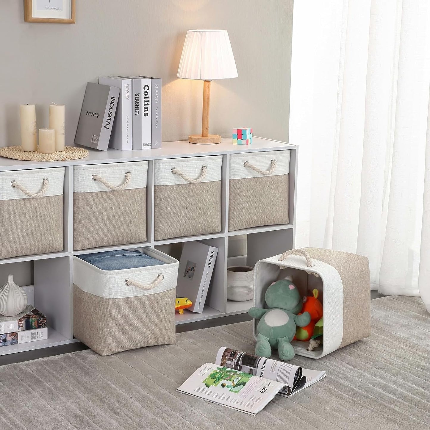 Mangata Canvas Storage Boxes, 11 Inch Cube Storage Bins Set of 6, Fabric Baskets with Cotton Rope Handle for Organizing Clothes Nursery Home (Khaki/White)