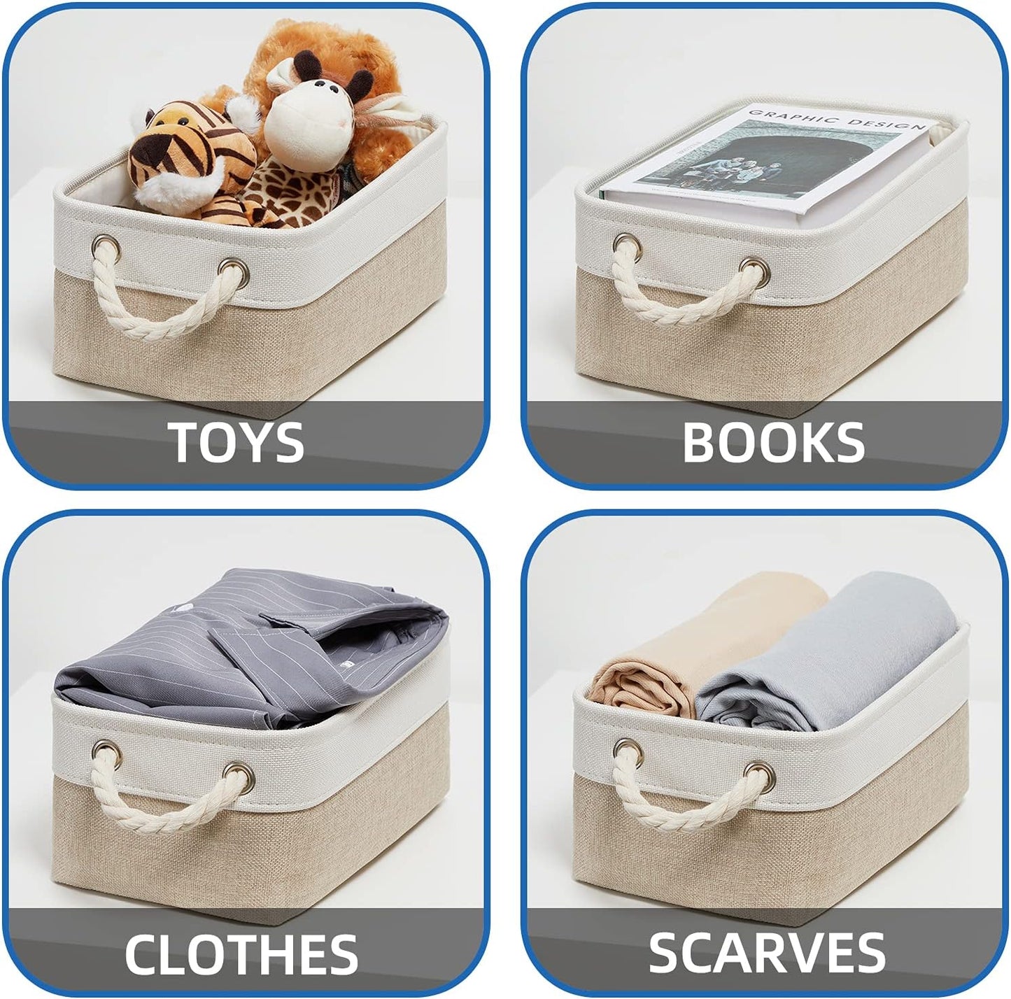 Temary Small Fabric Storage Baskets 6 Pcs Decorative Baskets Bins for Gifts Empty Foldable Storage Basket with Handles for Organizing Shelf, Towels (White&Khaki,11.8 L x 7.9 W x 5.3 H inches)