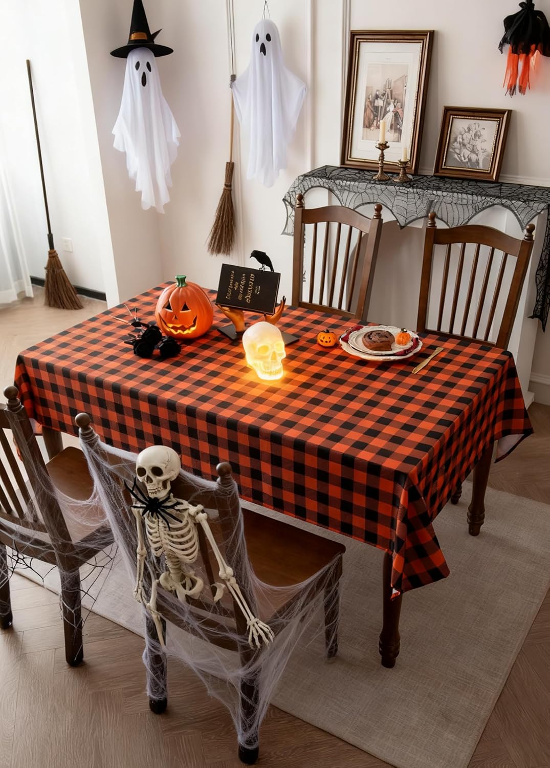 Gingham Plaid Tablecloth - Rectangular 58x102 Inch Water Resistant Halloween Decorations Table Cloth for Indoor Use - Seasonal Fall Harvest Table Cover for Kitchen, Picnics, and Parties