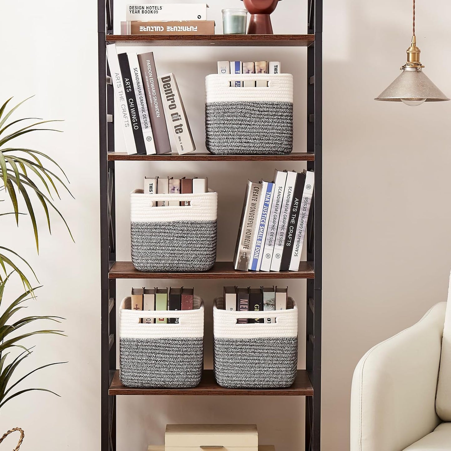 OIAHOMY 4 Pack Storage Baskets for Organizing, Basket for Shelves with Handle, Woven Baskets for Storage Toys, Towels, Books, Cotton Rope Basket 13" L x 9 " W x 7.8 " H, Black & White