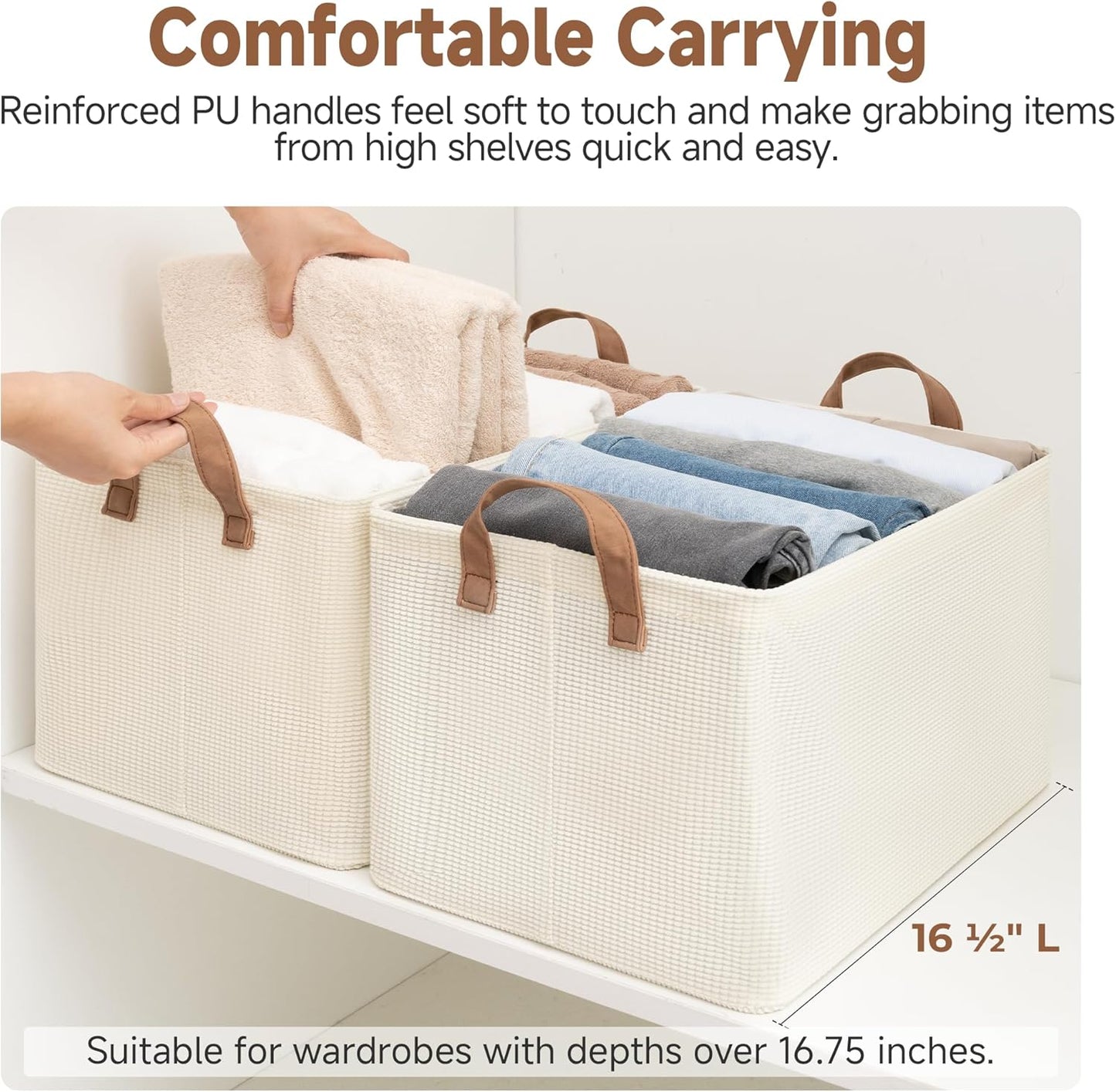 StorageWorks Storage Bins, Shelves Baskets for Organizing, Large Fabric Closet Organizers with Handles, Metal Frame, Beige（Texture）, 2-Pack