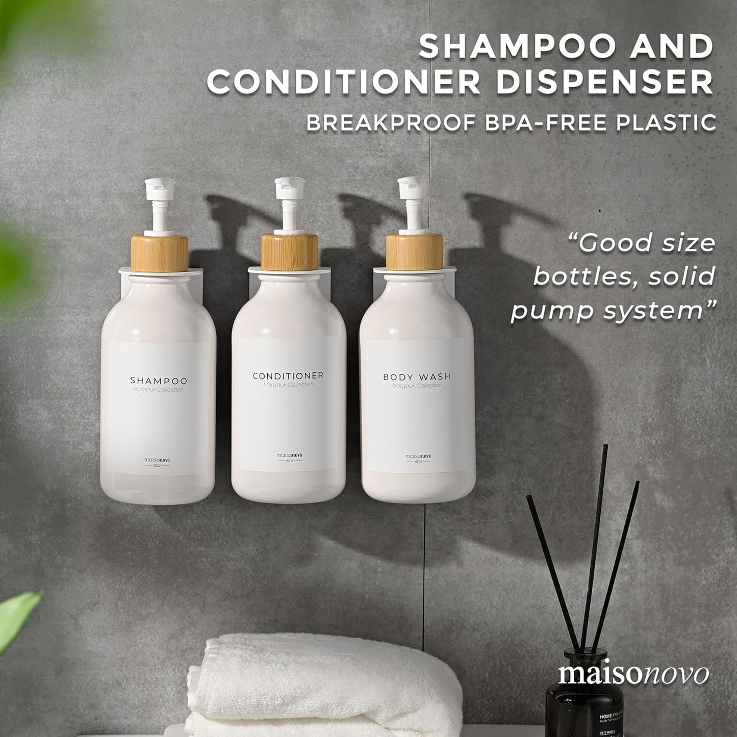 MaisoNovo Shampoo and Conditioner Dispenser - Shower Soap Dispenser Wall Mounted - 16.9 fl oz Set of 3 White Plastic Bottles Bamboo Pump - 3 Chamber No Drill