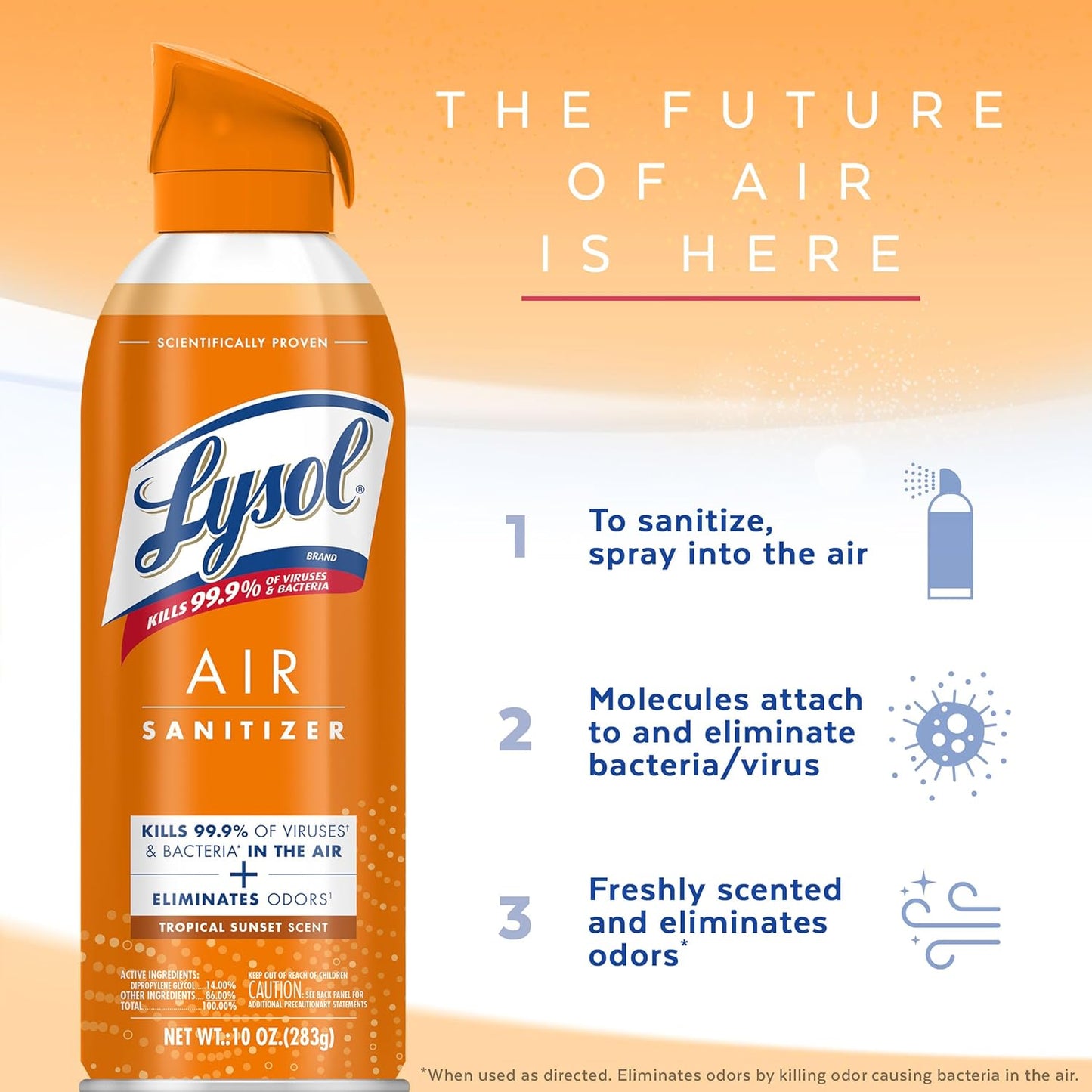 Lysol Air Sanitizer Spray with Odor Eliminator for Home & Office, Sanitizing Spray, Air Freshener Alternative, Tropical Sunset Scent, 10 oz (Pack of 3)