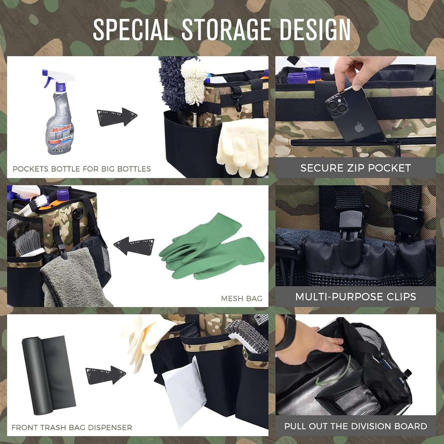 Wearable Cleaning Caddy Organizer with Handle & Shoulder Straps for Housekeepers, Under Sink & Car Cleaning Tool Organizer Bag with 4 Foldable Dividers (Camouflage)