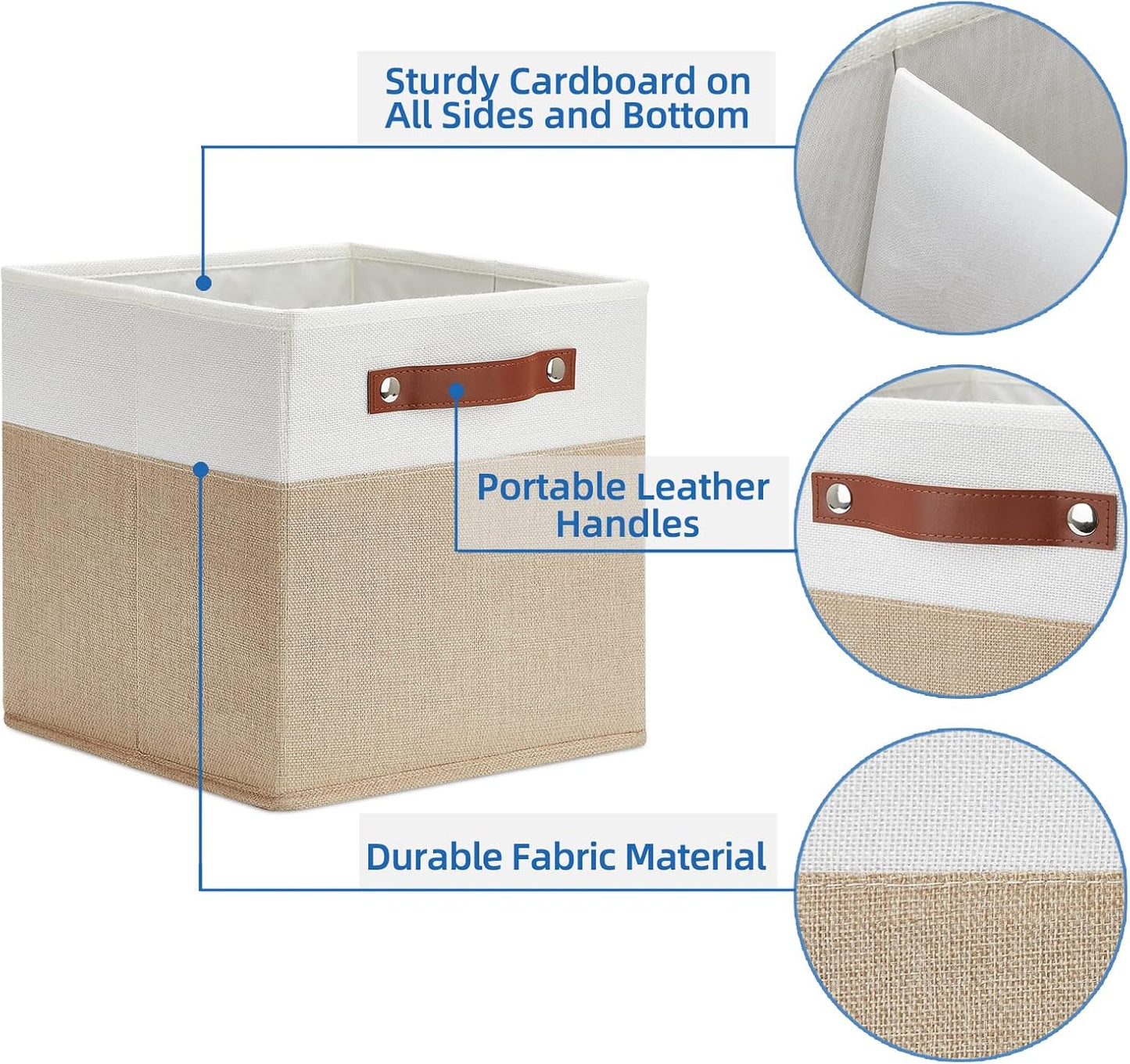 Temary Fabric Storage Cubes Bins, 11 inch Cube Storage Baskets, Foldable Cube Bins Set with Handles, Decorative Storage Boxes for Home Organizing (White & Khaki, 11 x 11 x 11)