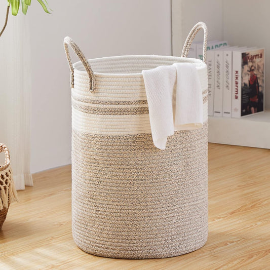 Fiona's magic 100L Extra Large Laundry Hamper Basket, 26.4Gal Tall Woven Laundry Basket Storage, Baby Nursery Hamper for Blankets, Clothes Hamper for Bedroom and Living Room Organizing, Brown & White
