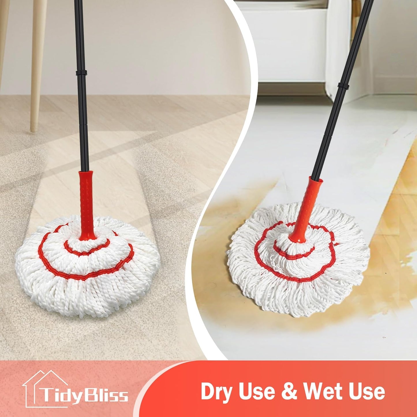 Self Wringing Twist Mop for Floor Cleaning, 57.5 inches Long Handle Cotton String Mop with Wringer, Washable Microfiber Wet Mop with Scouring Pad for Hardwood, Tile, Bathtub, Kitchen