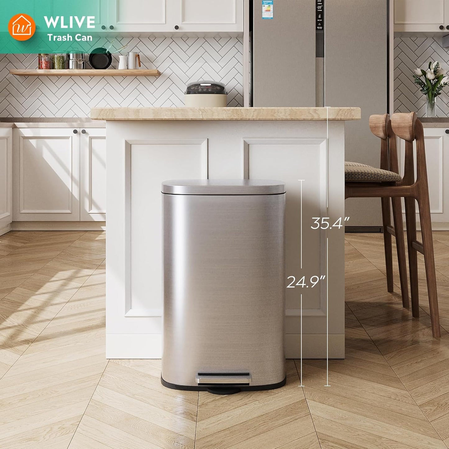 WLIVE 13 Gallon Stainless Steel Trash Can with Inner Bucket, Kitchen Garbage Can with Lid, 50L Soft Close Step Trash Can with Metal Foot for Home, Kitchen, Laundry Room, Office, Silver