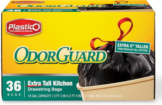 Plastico Extra Tall Kitchen Trash Bags - 18 Gallon, Black, 36 Garbage Bags, Extra Strong, Easy Drawstrings - Odor Guard Control, Unscented, 1.1 Mil Thick Plastic