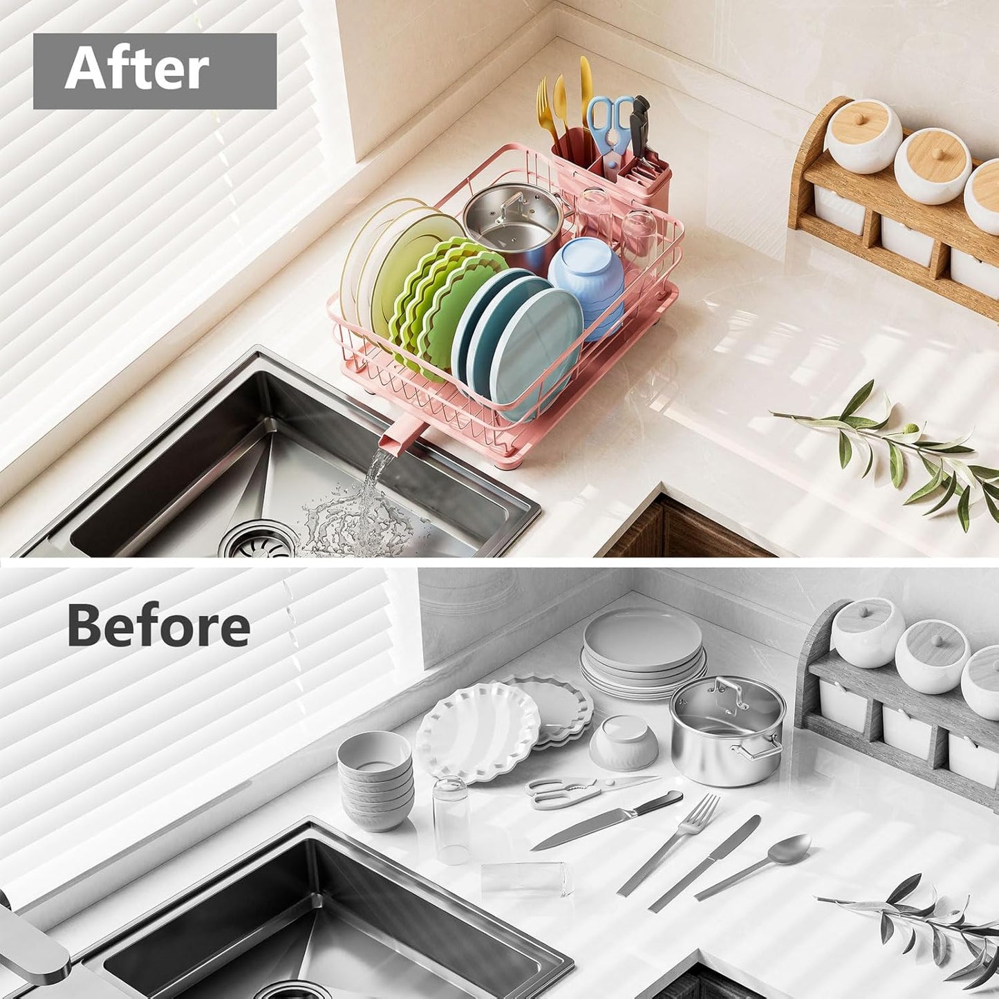 Iron Dish Drying Rack Auto Drain Dish Drainers Kitchen Counter Strainer with Draining Tray, Pink