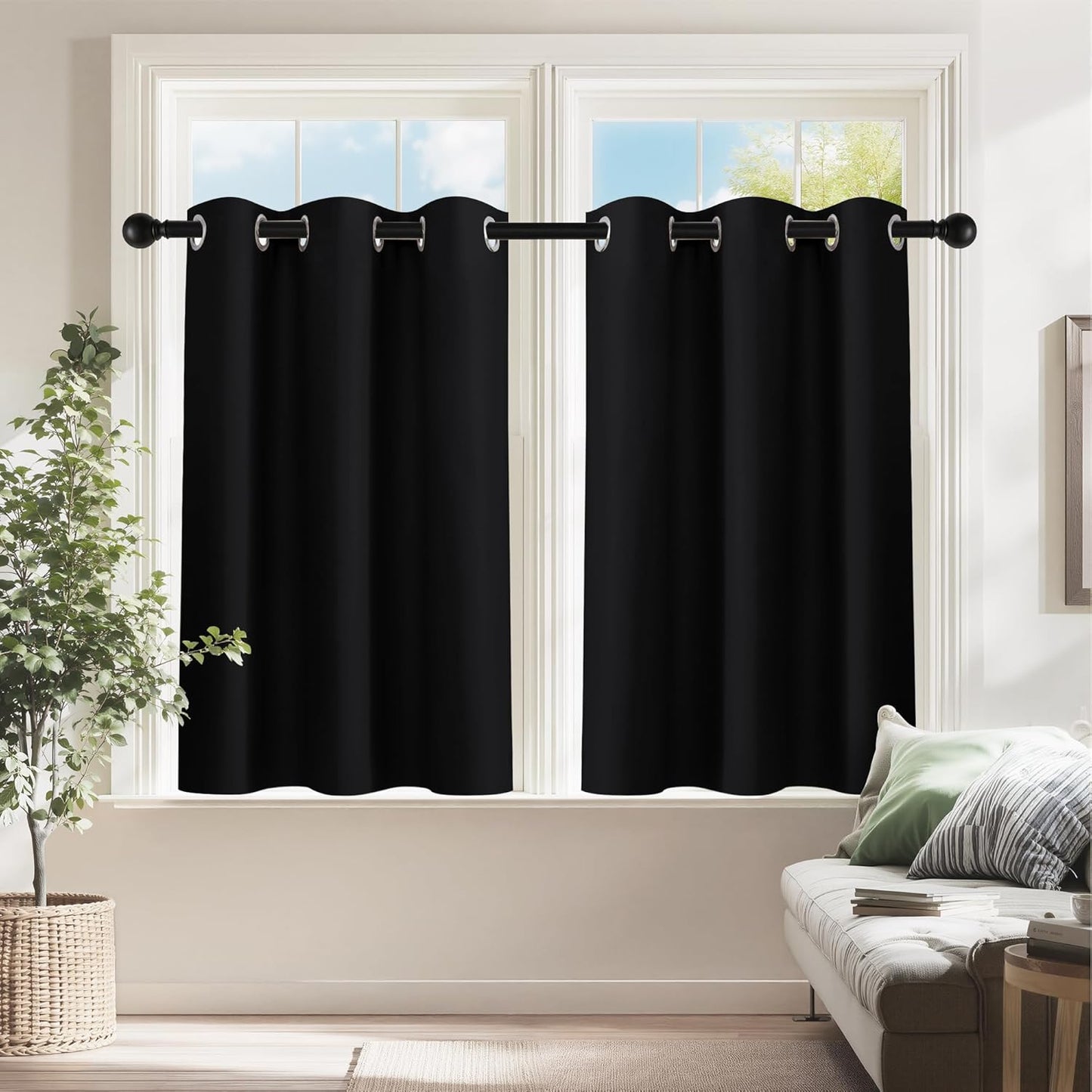 PONY DANCE Black Short Blackout Curtains for Bedroom, Small Windows Shades Thermal Insulated Privacy Drapes for Classroom Bathroom Laundry RV, Wide 42 x Long 36 inch, 2 Panels
