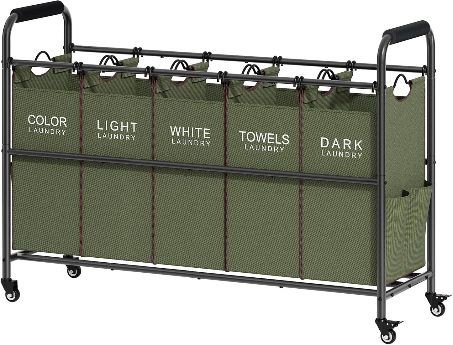 Tajsoon 5 Sections Laundry Sorter, Laundry Hamper with Heavy Duty Lockable Wheels and Removable Bags, 5 Bag Laundry Sorter Cart for Dirty Clothes Storage, Laundry Separator Hamper, Green