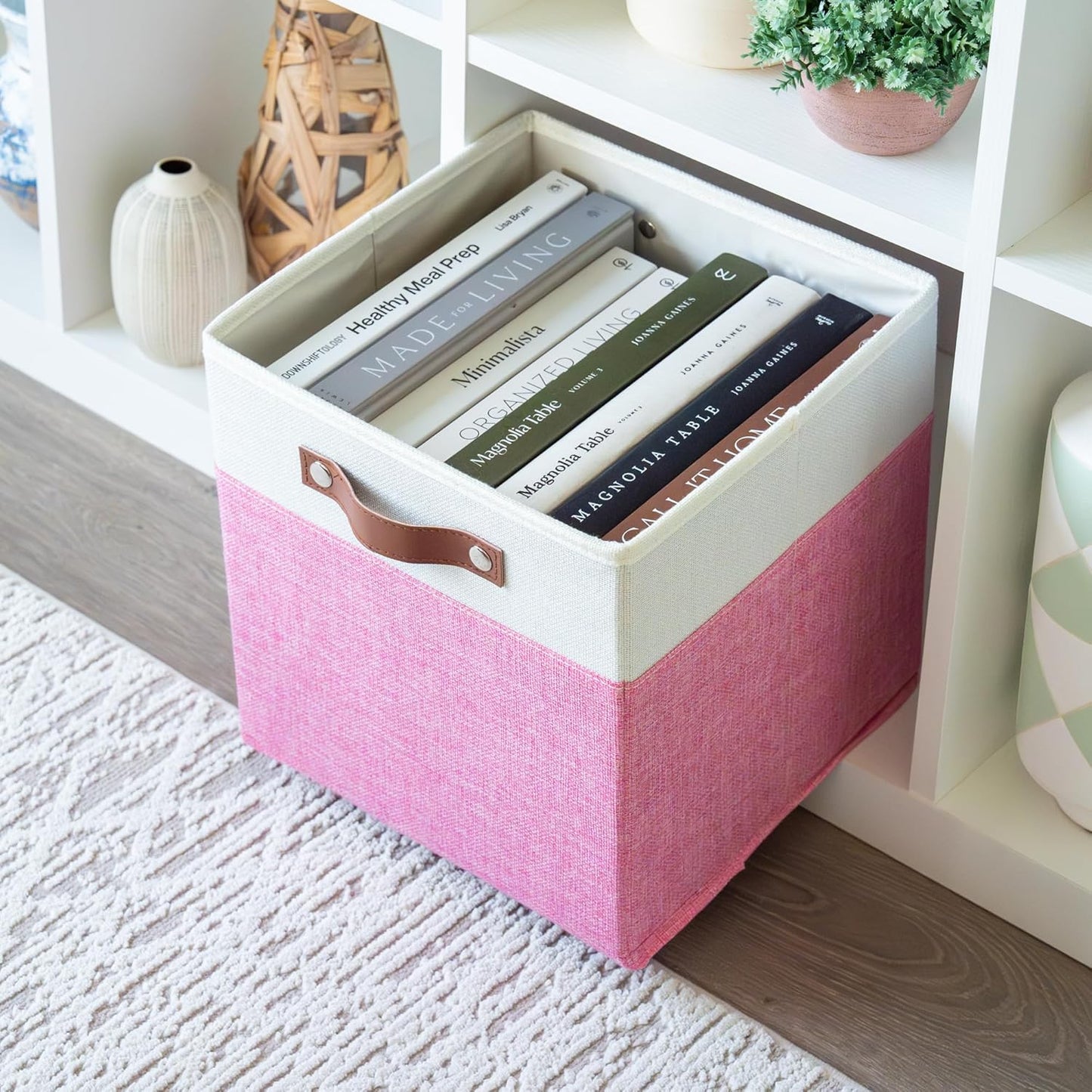 OrganiHaus 11x11 Fabric Cubes Storage Bins Set of 4, Foldable Collapsible Fabric Storage Bins for Organizer, Cubbies Organizer for Kallax, Linen Cube Shelf Baskets, Toy Organizing boxes - Pink/White