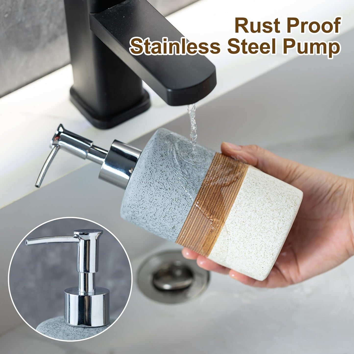 Ceramic Soap Dispenser Set for Hand Soap, Shampoo, Dish Soap, Conditioner, Bathroom & Kitchen, Stainless Steel Pump, Includes Silicone Funnel, 12 Oz, Non-Slip, Elegant Kitchen Decor, Gray