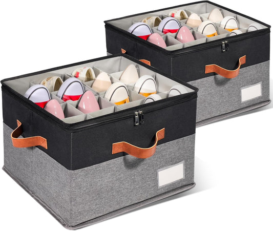 2 Pack Shoe Organizer for Closet, Adjustable Shoe Box Storage Containers, Large Foldable Shoe Bins with Clear Cover, Space Saving Shoes Holder with 4 Handles, Fits 16-32 Pairs, Black