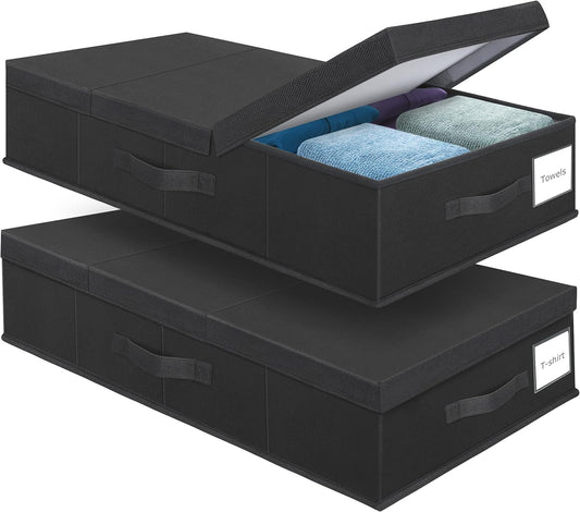 Underbed Storage Containers Bin with Lids (Set of 2) Large Under Bed Storage Organizer Box with Handle, Foldable Under the Storage Bags for Organizing Clothes, Shoes, Blankets, Pillows-Black