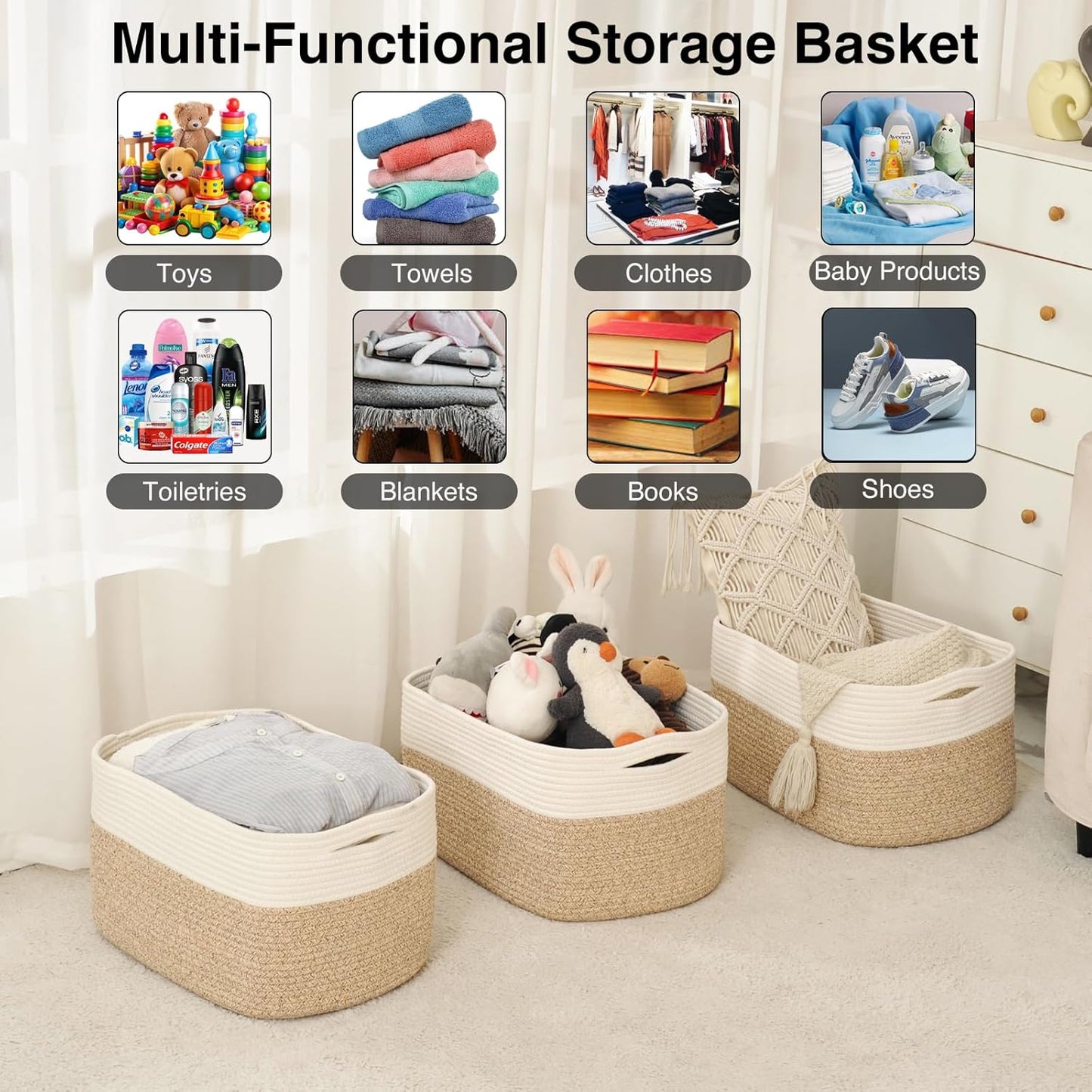 Large Storage Baskets for Organizing Shelves, Woven Cotton Rope Bins for Baby Nursery Organization, Book Toy Towel Organizer, 17"x13"x9.5", 3 Packs, Off White & Brown