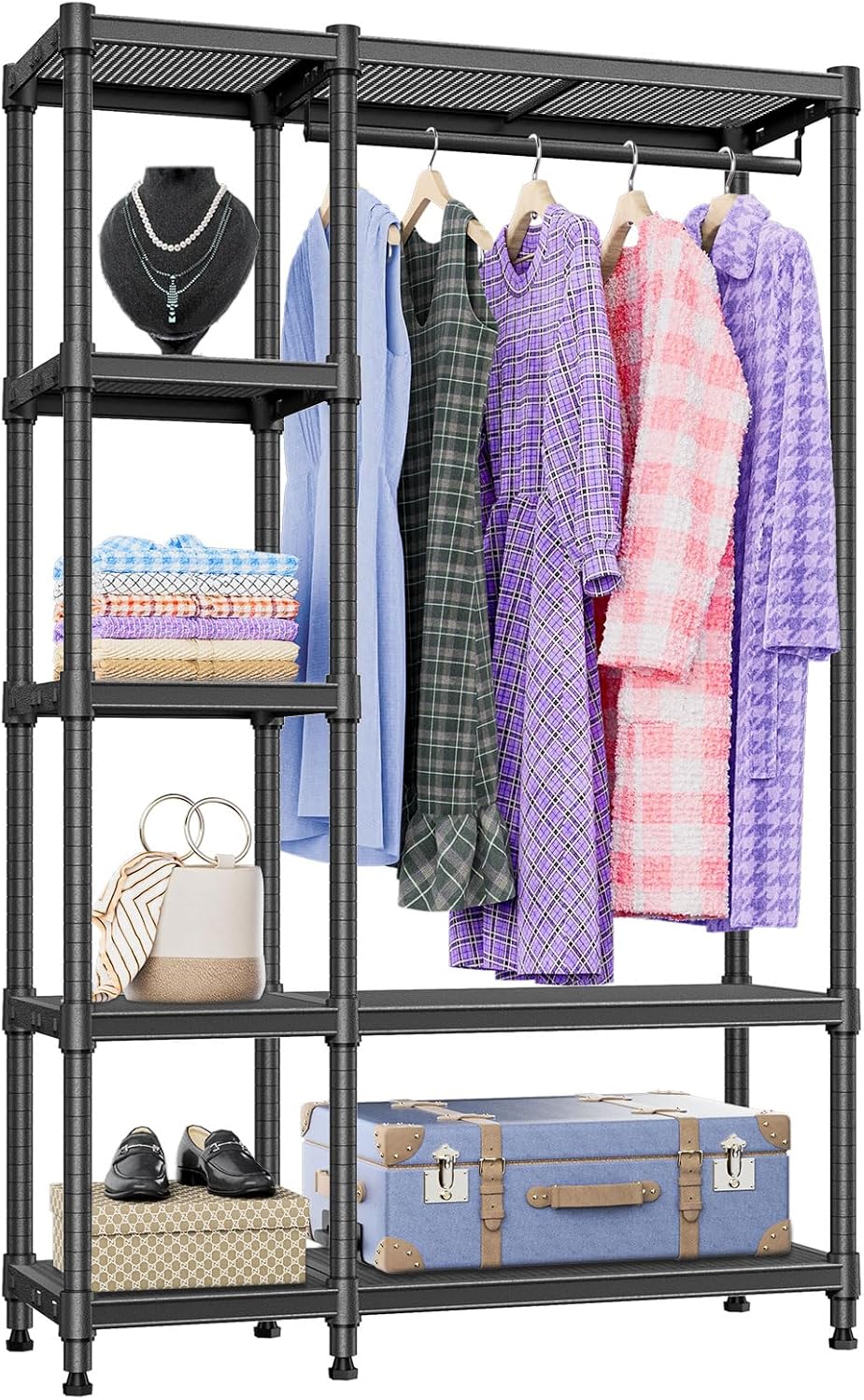 IZEUK Heavy Duty Rolling Garment Rack Wire Clothes Rack for Hanging Clothes, Metal Freestanding Closet Wardrobe Rack with 1 Rod Black 15.4" D x 35" W x 71.5" H