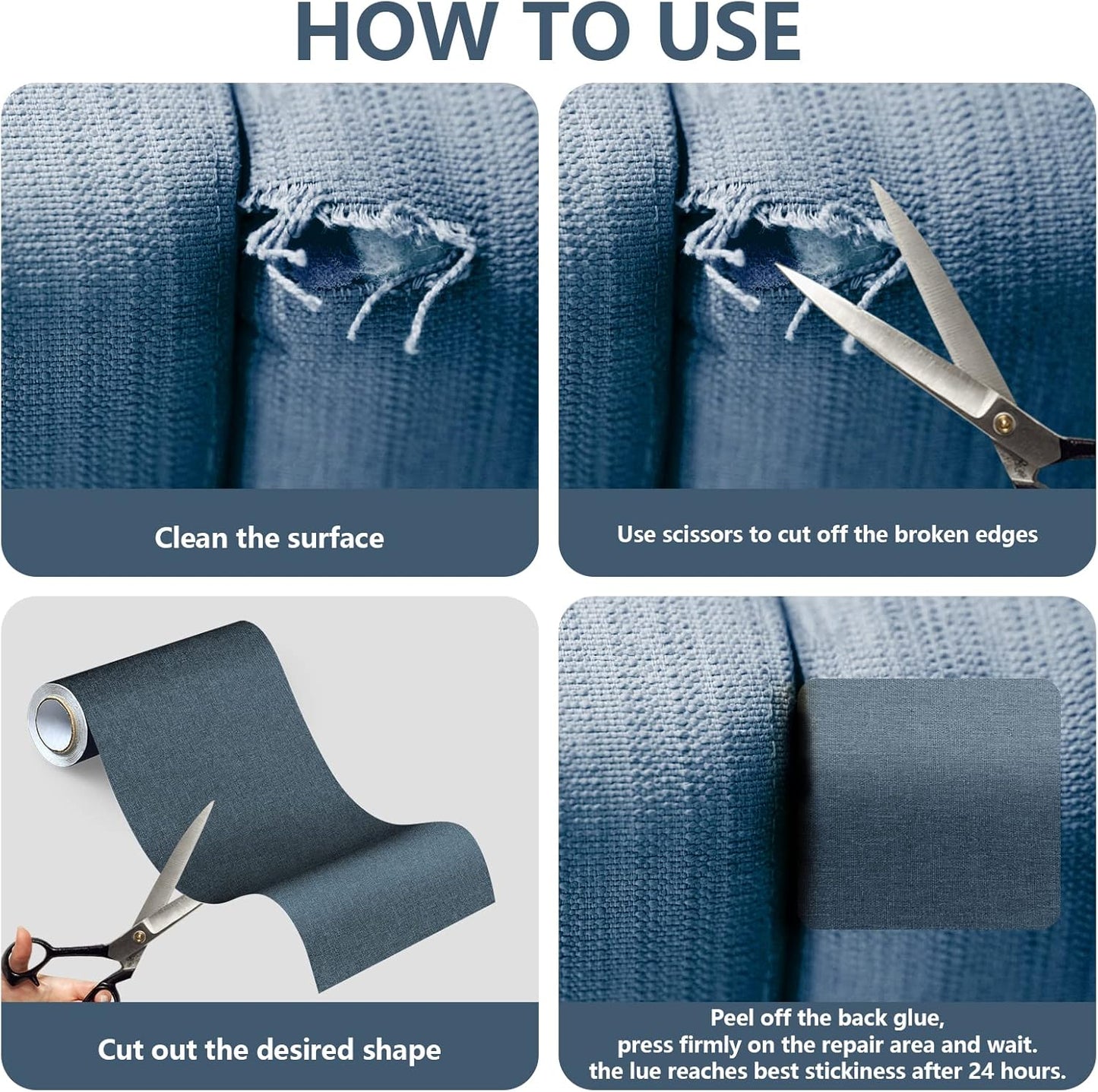 Fabric Repair Patches, Linen Repair Tape Self-Adhesive Fabric Patches Durable, DIY Large Linen Tape for Sofa, Couches, Furniture, Chair, Clothing （3.5X79 Inch, Blue Grey）