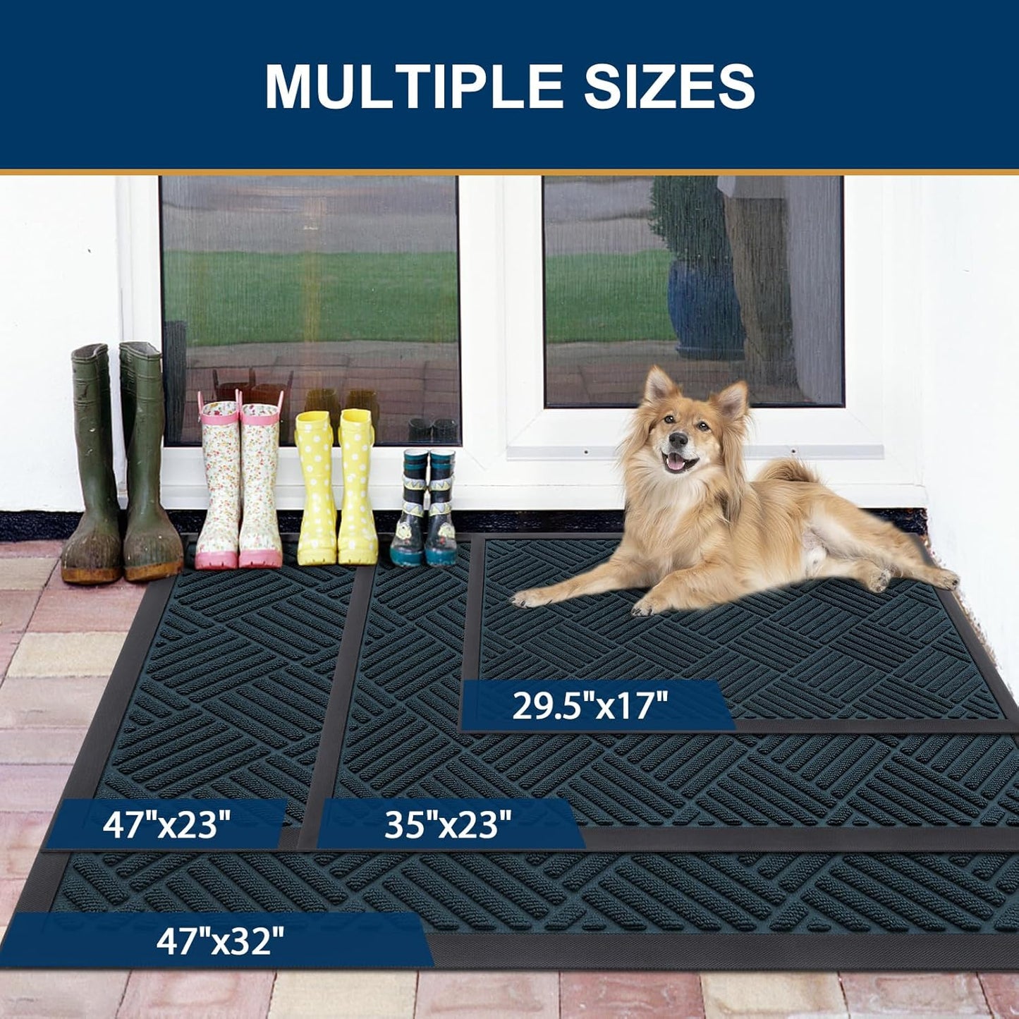 Smiry Front Door Mat Outside Entrance, Heavy Duty Outdoor Indoor Mat, Natural Rubber Doormat, Non Slip, Trap Dirt and Moisture, Easy Clean, Low Profile Patio Porch Entryway Mat, 29.5x17, Lake Blue