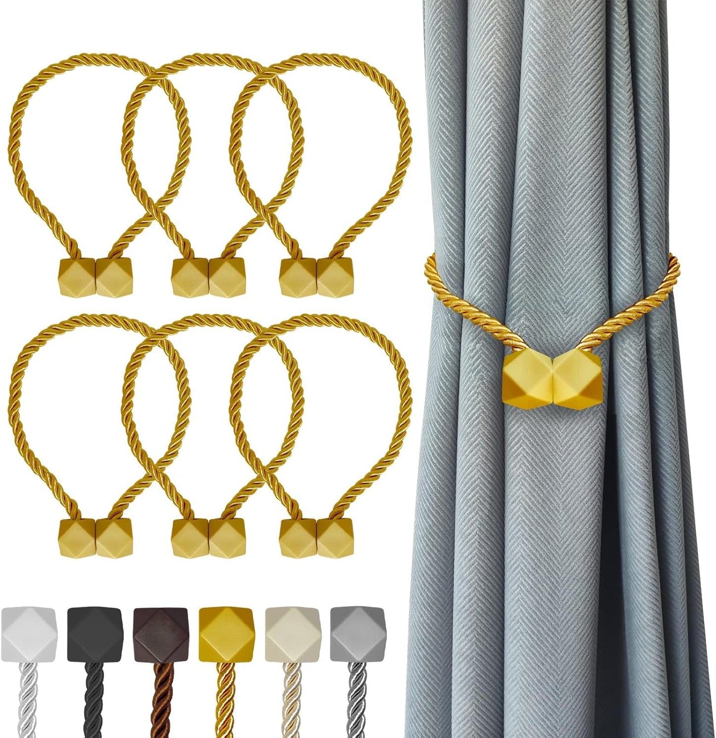 Hion Magnetic Curtain Tiebacks Golden 6 Pack, Curtain Tiebacks Buckles Holdbacks Holders Hooks Clip for Home Bedroom Office Decorative Thick or Thin Curtain