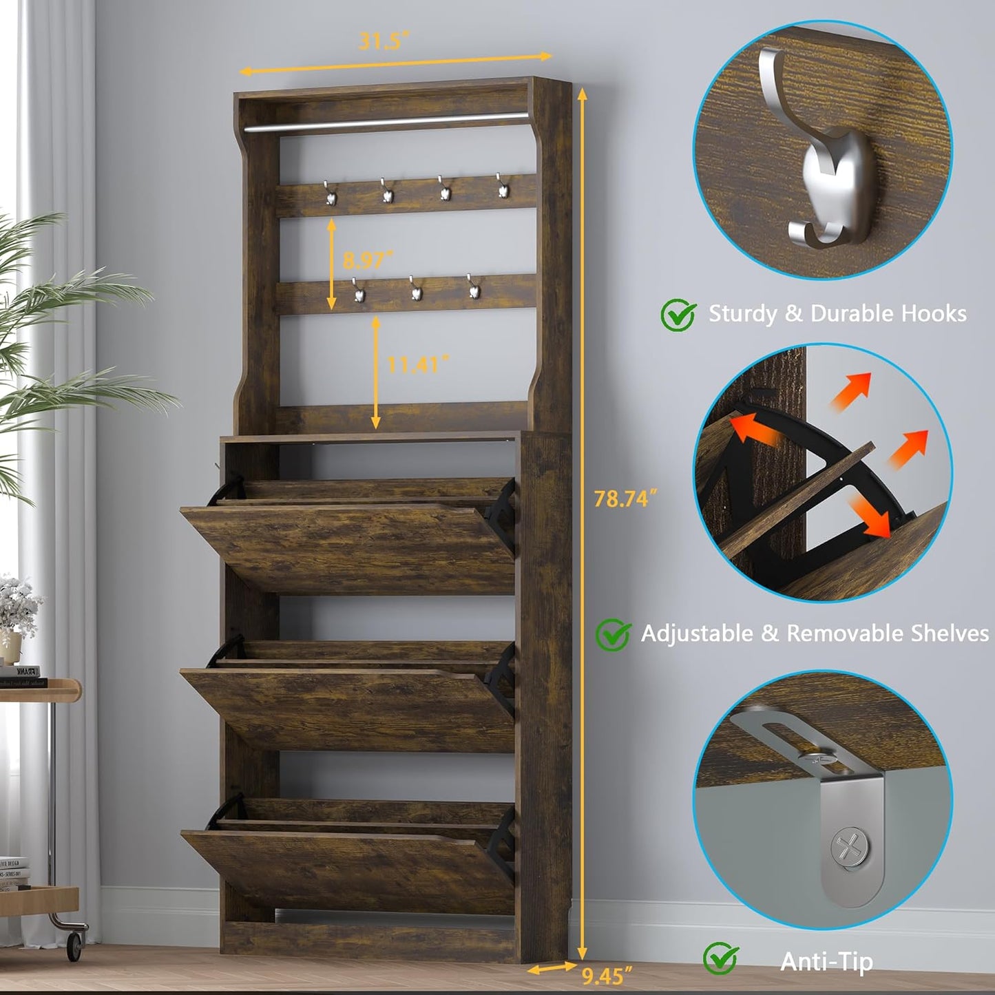 Shoe Cabinet with 3 Flip Drawers & Coat Rack, Narrow Hidden Shoe Storage Cabinet, 2-in-1 Hall Tree Slim Freestanding Shoe Rack Organizer for Entryway, Hallway, and Living Room