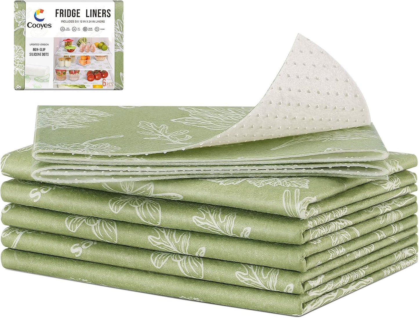 Cooyes Large Fridge Liners for Refrigerator, 17.7" × 36", Drawer & Shelf Liners for Kitchen Cabinets Non-Adhesive, Breathable Cloth Material, Non-Slip, Keep Produce Fresh Longer, 6 Pack, Sage Green