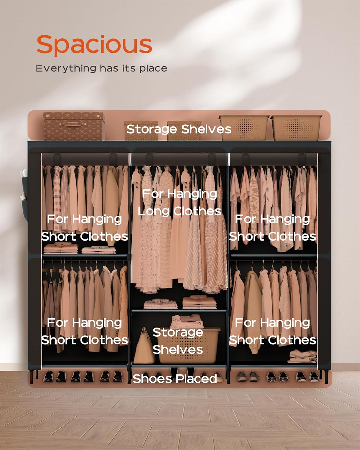 Portable Closet, 81.5 Inch Extra Large Capacity Wardrobe Closet with Cover, Clothes Storage Organizer with Shelves and 5 Hanging Rods, Easy to Assembly, Black PCT136B01