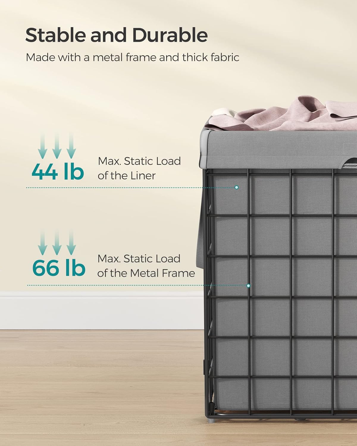 SONGMICS 29 Gal. (110L) Laundry Basket, Laundry Hamper, Collapsible Clothes Hamper, Removable and Washable Liner, Metal Wire Frame, for Bedroom Bathroom, Black and Gray ULCB111G01