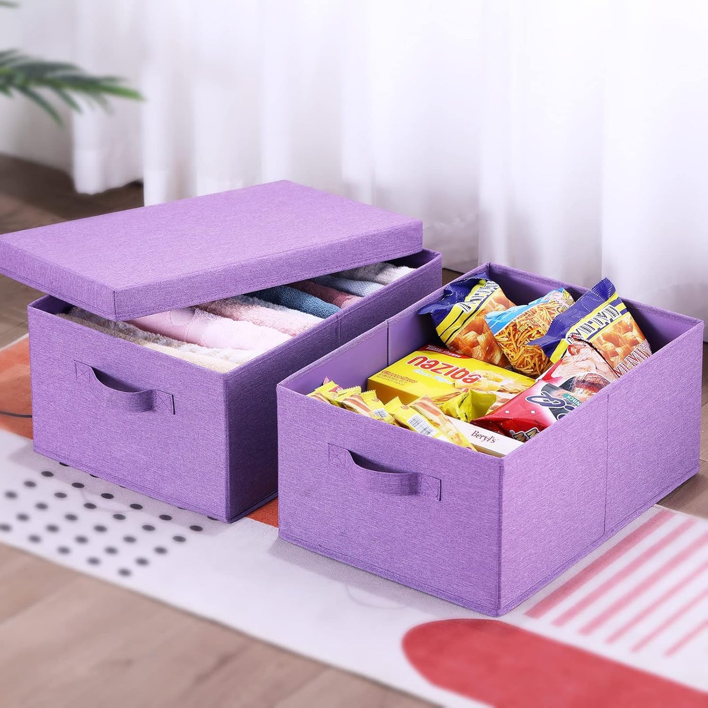 HOONEX Foldable Storage Bins with Lids, Pack of 2, Storage Boxes with 2 Carrying Handles and Sturdy Heavy Cardboard, 16.5" L x 11.8" W x 7.5" H for Shoes, Books, Clothes, Purple