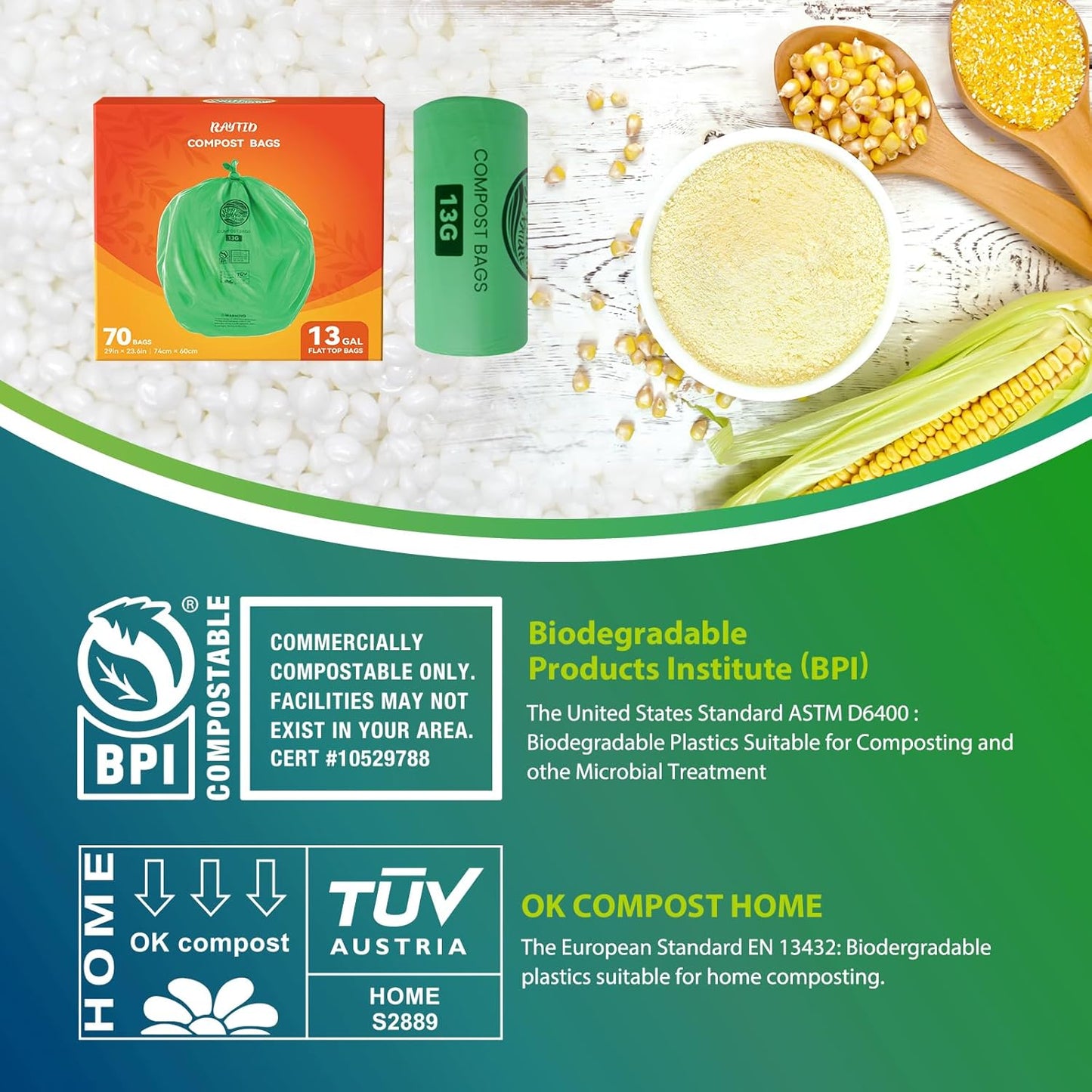 RAYTID 13 + Gallon Compostable Trash Bags,70 Count, Extra Thick 1.1 Mil, Tall Kitchen Food Scrap Waste Bag, ASTM D6400, US BPI and OK Compost HOME Certified