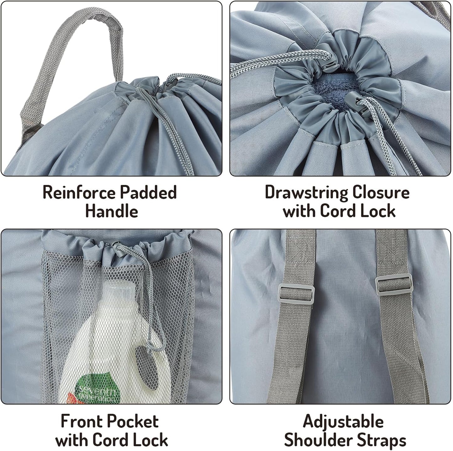 Backpack Laundry Bag, Large Laundry Backpack with Detergent Holder and Adjustable Shoulder Straps for College Travel Dorm Room (Gray)