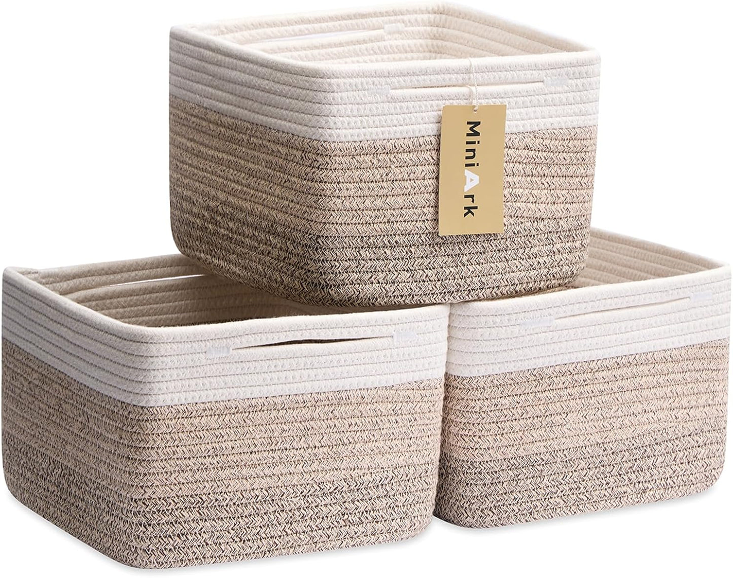 Small Organizing Baskets for Cubes Shelf, 9.7x9.7x7.1 Inch Rope Woven Storage Bins for Nursery Shelves Storage, Cute Toy Basket, Square 3 Packs Gradient Brown